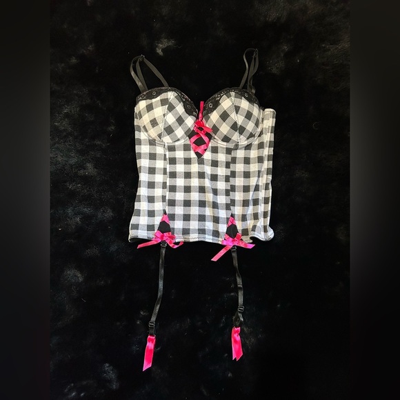 Intimates Black & White Checkered Corset with Pink Ribbon Details - Size 36B - Picture 1 of 9